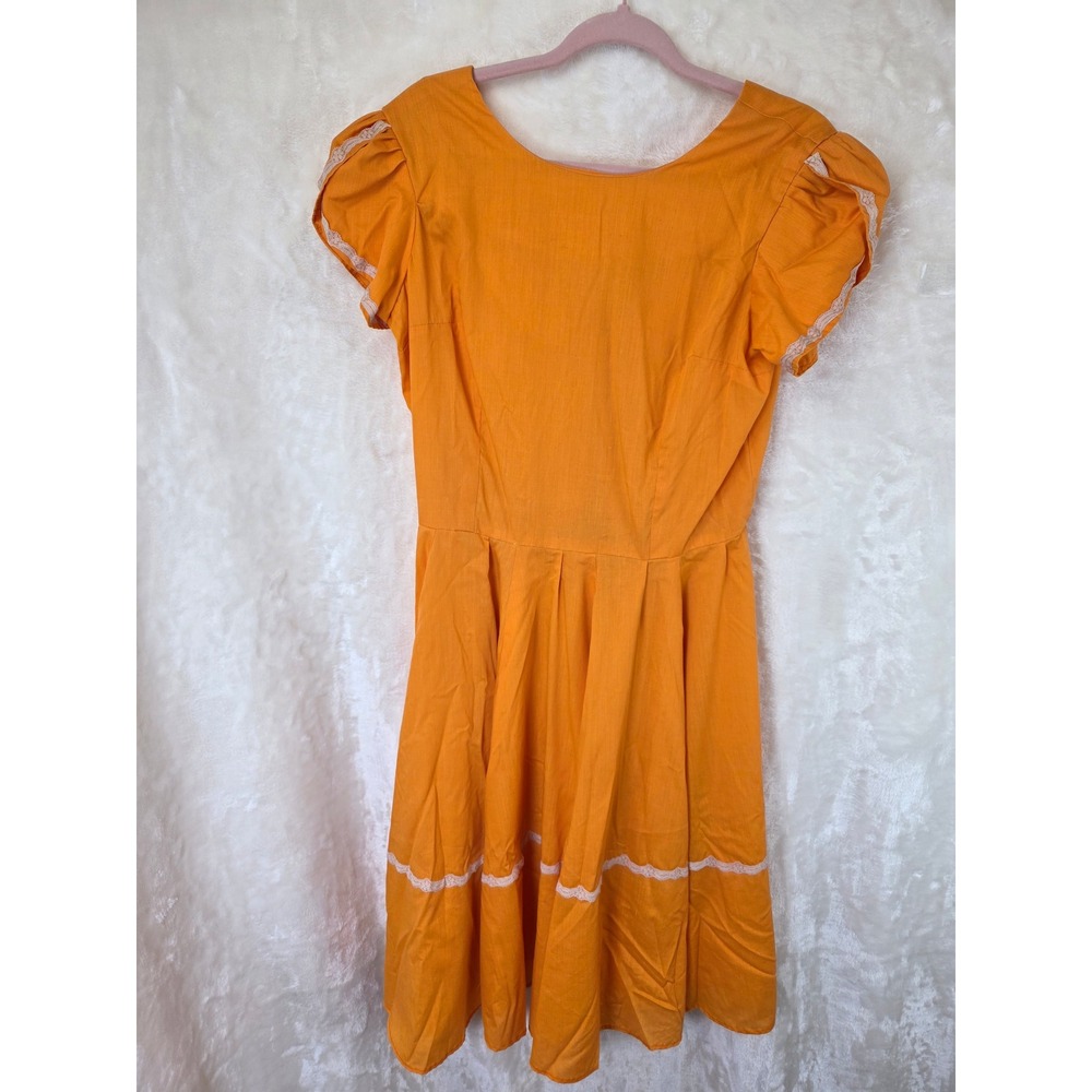 Vintage Handmade Orange Puff Sleeve Lace Trim Fit Flare Dress V-Back Knee Length